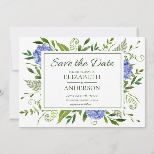 Blue Hydrangeas Floral Waterverf Save The Date (Voorkant)