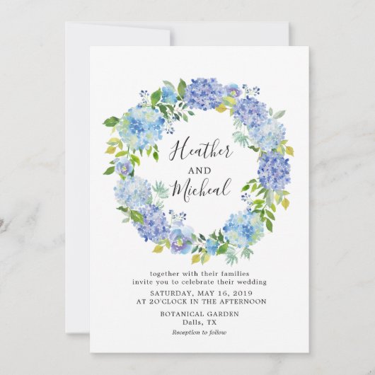 Blue Hydrangeas Floral Wreath Faire-part de mariag (Devant)