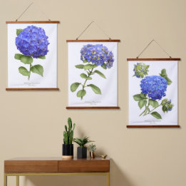 Blue Hydrangeas Flowers Botanical Art set van 3 Hangend Wandkleed
