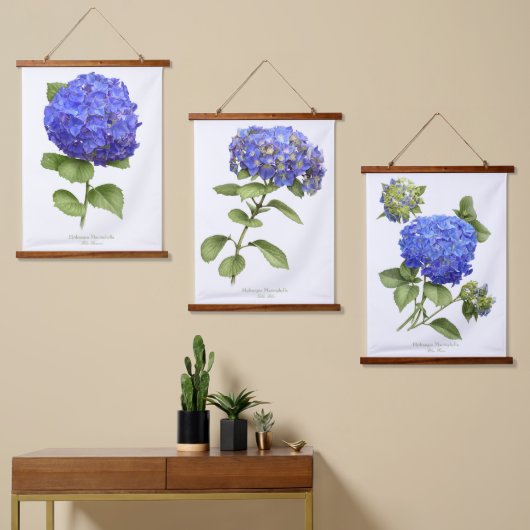 Blue Hydrangeas Flowers Botanical Art set van 3 Hangend Wandkleed (Asymmetrisch)