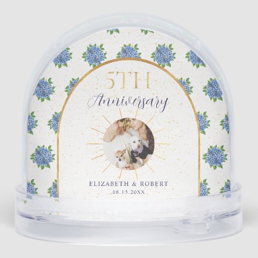 Blue Hydrangeas Gold Custom Photo 5th Anniversary Sneeuwbol (Achterkant)