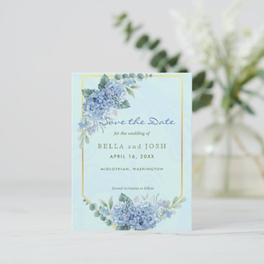 Blue Hydrangeas in Lijst in blauw Save the Date Briefkaart (Staand voorkant)