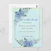 Blue Hydrangeas in Lijst in blauw Save the Date Briefkaart (Voorkant / Achterkant)