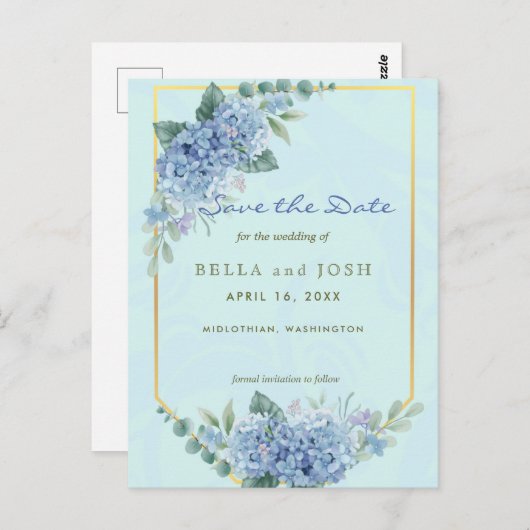 Blue Hydrangeas in Lijst in blauw Save the Date Briefkaart (Voorkant / Achterkant)