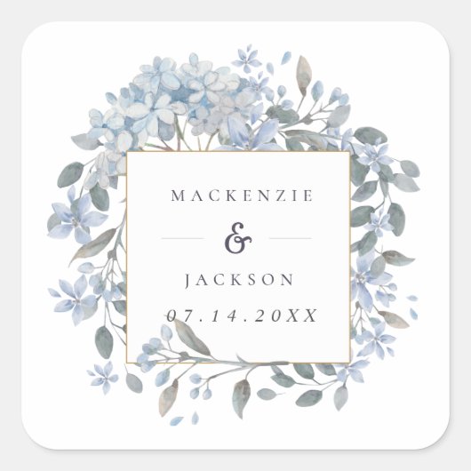 Blue Hydrangeas Lijst Waterverf Wedding Vierkante Sticker (Voorkant)