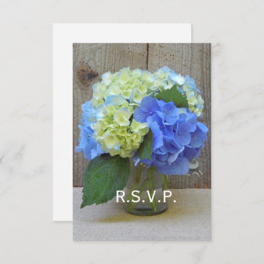 Blue Hydrangeas Mason Jar Mariage rustique RSVP (Devant / Derrière)