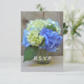 Blue Hydrangeas Mason Jar Rustic Wedding RSVP (Staand voorkant)