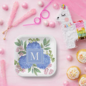 Blue Hydrangeas Modern Boeket Custom Monogram Papieren Bordje (Feest)