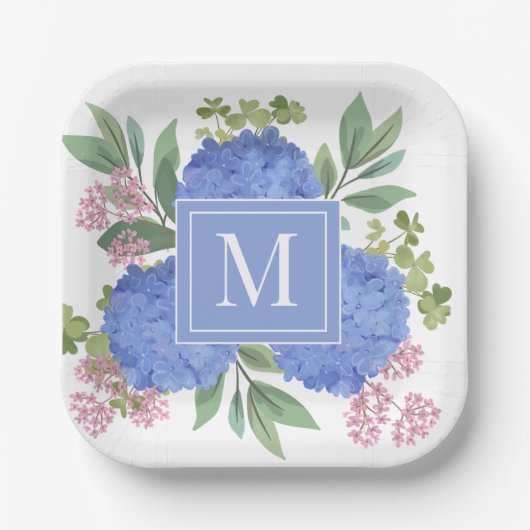 Blue Hydrangeas Modern Boeket Custom Monogram Papieren Bordje (Voorkant)
