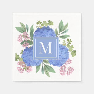 Blue Hydrangeas Modern Boeket Custom Monogram Servet