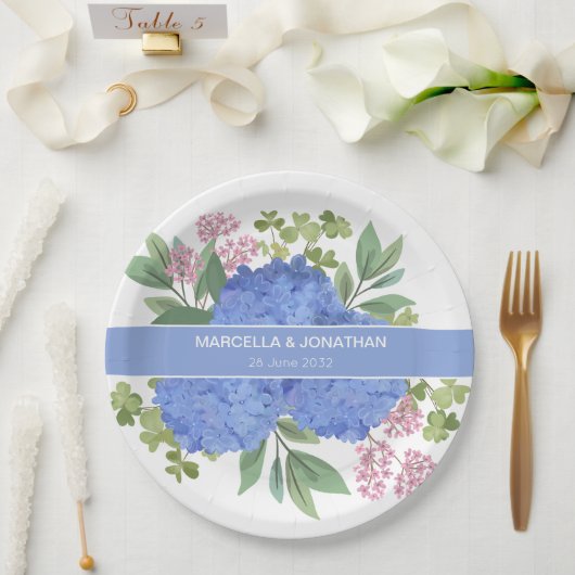 Blue Hydrangeas Modern Boeket Custom Papieren Bordje (Huwelijk)
