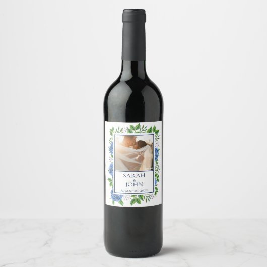 Blue Hydrangeas Photo Weddenschap Wine Label Wijn Etiket (Voorkant)