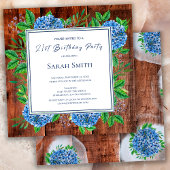 Blue Hydrangeas Rustic Wood 21st Birthday Party Kaart