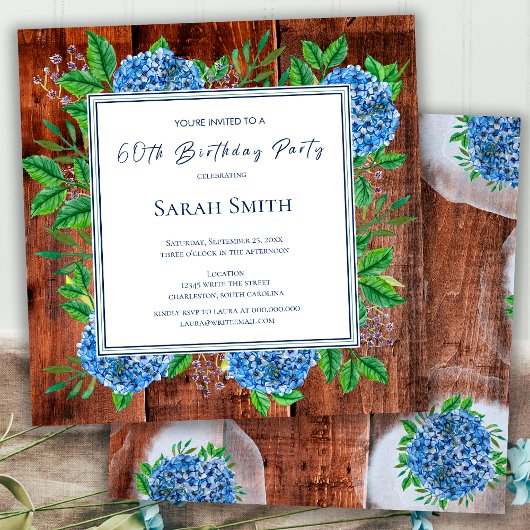 Blue Hydrangeas Rustic Wood 60th Birthday Party Kaart