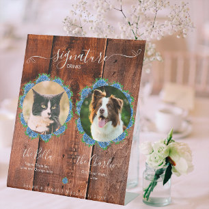 Blue Hydrangeas Rustic Wood Signature Pet Drink Reclamebord Met Voetstuk