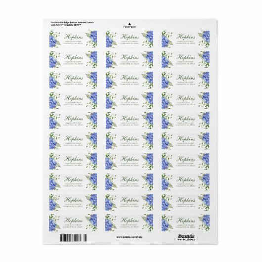 Blue Hydrangeas Script repetitie diner adres Etiket (Full Sheet)