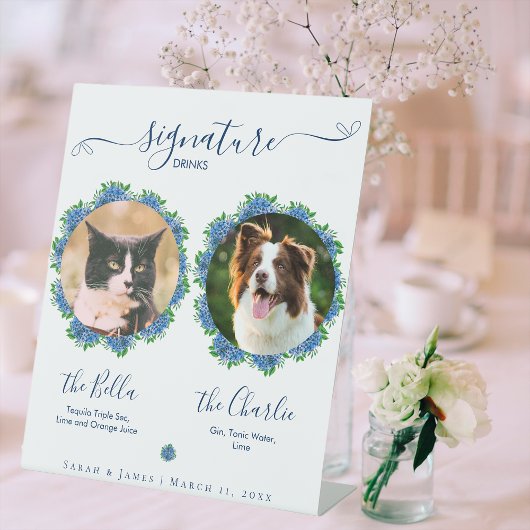 Blue Hydrangeas Signature Drink Sign Wedding Pet Reclamebord Met Voetstuk