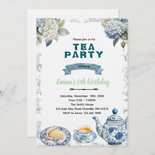 Blue Hydrangeas tea party Invitation (Devant / Derrière)