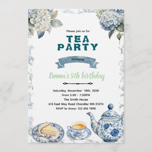 Blue Hydrangeas tea party Invitation Kaart (Voorkant)