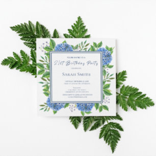 Blue Hydrangeas Waterverf 21st Birthday Party Inv Kaart