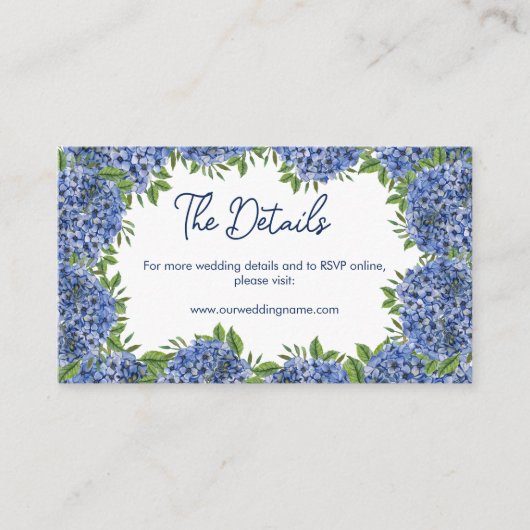 Blue Hydrangeas Waterverf Wedding Details Website Informatiekaartje (Voorkant)