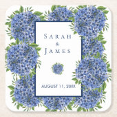Blue Hydrangeas Waterverf Wedding Favor Vierkante Kartonnen Onderzetter (Voorkant)