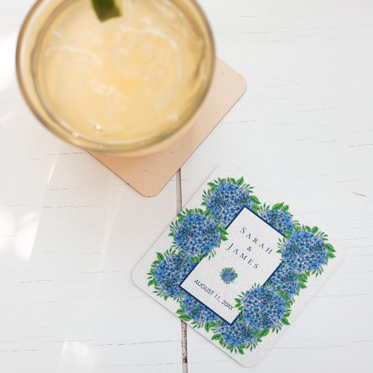 Blue Hydrangeas Waterverf Wedding Favor Vierkante Kartonnen Onderzetter