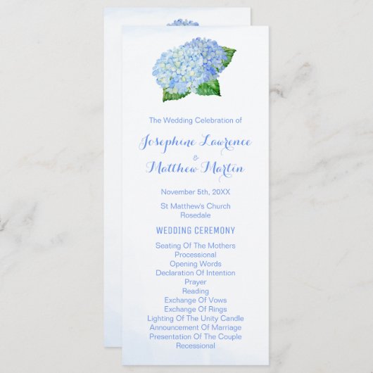 Blue Hydrangeas Waterverf Wedding Programs Programma (Voorkant / Achterkant)