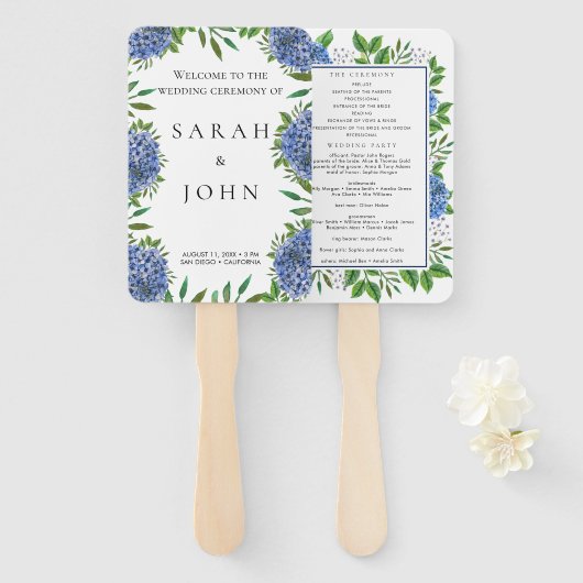 Blue Hydrangeas Wedding Program Handje Fan Handwaaier (Voorkant en achterkant)