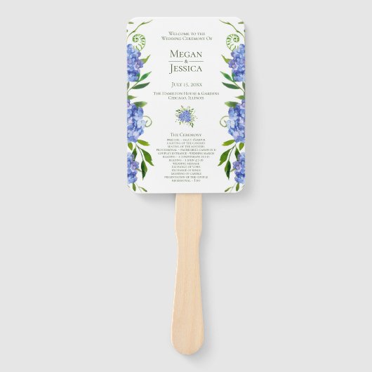 Blue Hydrangeas Wedding Program Handje Fan Handwaaier (Voorkant)