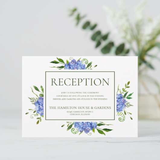 Blue Hydrangeas Wedding Reception Informatiekaartje (Staand voorkant)