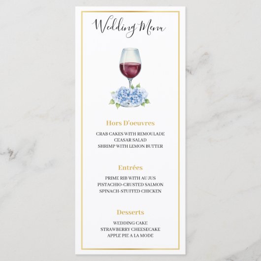 Blue Hydrangeas Wine Glass Wedding Flat Menu (Devant)