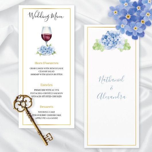 Blue Hydrangeas Wine Glass Wedding Flat Menu