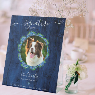 Blue Hydrangeas Wood 1 Foto Signature Pet Drink Reclamebord Met Voetstuk
