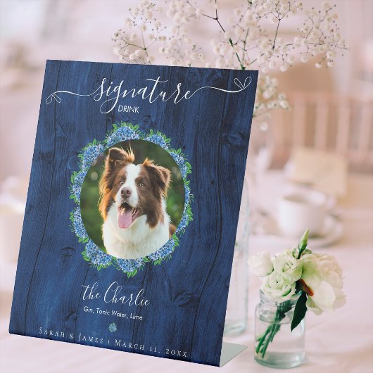 Blue Hydrangeas Wood 1 Foto Signature Pet Drink Reclamebord Met Voetstuk