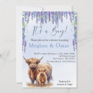 Blue Hyrdrangeas Highland koe baby shower Kaart