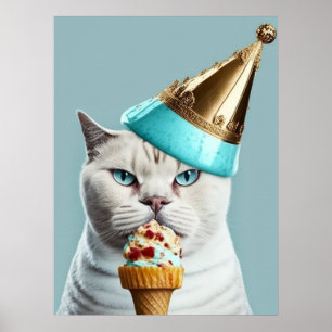 Blue Ice Cream King Cat met Gold Cone Wall Art Poster