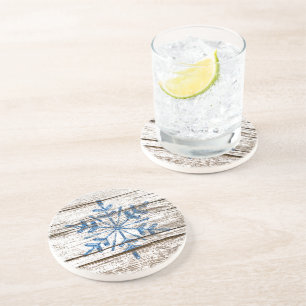 Blue Ice Crystal op Faux Weathered Wood Texture Zandsteen Onderzetter