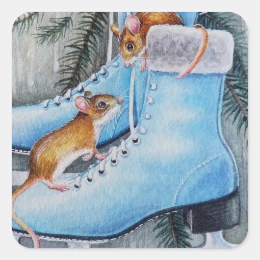 Blue Ice Schaatsen & Mice Holiday Home Waterverf A Vierkante Sticker (Voorkant)