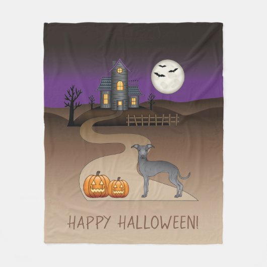 Blue Iggy Cute Dog en Halloween Hauned House Fleece Deken (Voorkant)