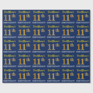 Blue, Imitation Gold look "11th BIRTHDAY" Cadeaupapier