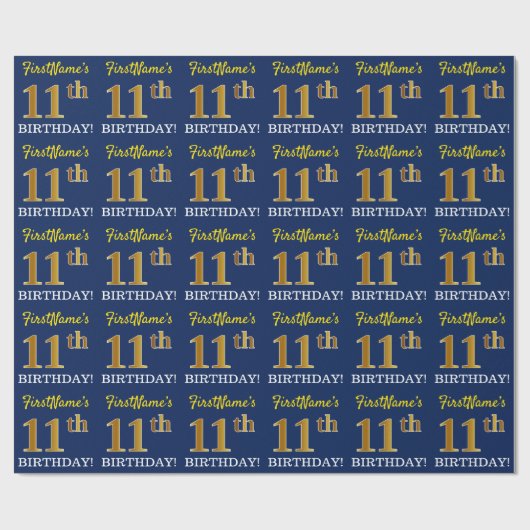 Blue, Imitation Gold look "11th BIRTHDAY" Cadeaupapier (Vlak)