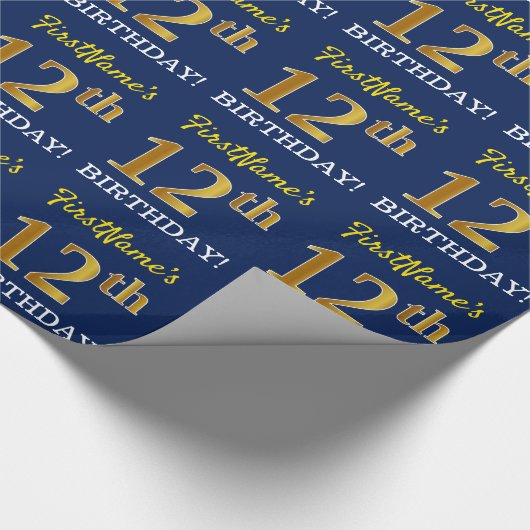 Blue, Imitation Gold look "12th BIRTHDAY" Cadeaupapier (Hoek)