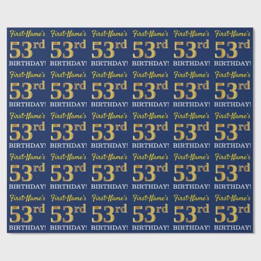 Blue, Imitation Gold look "53rd BIRTHDAY" Cadeaupapier (Vlak)