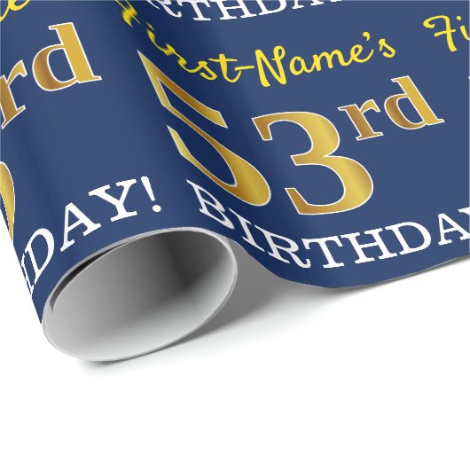 Blue, Imitation Gold look "53rd BIRTHDAY" Cadeaupapier (Rol Hoek)