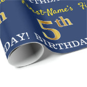 Blue, Imitation Gold look "5th BIRTHDAY" Cadeaupapier (Rol Hoek)