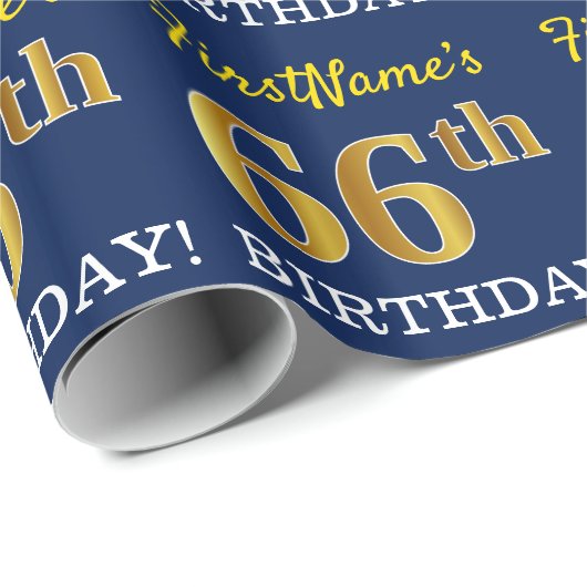 Blue, Imitation Gold look "66th BIRTHDAY" Cadeaupapier (Rol Hoek)