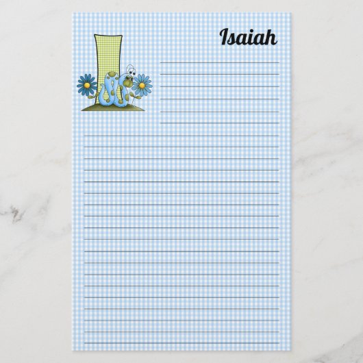 Blue Inch Worm Mongram Letter I Gingham Lined Briefpapier (Voorkant)