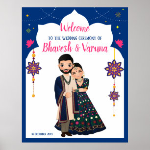 Blue indian design border hindu bruiloft welkom poster
