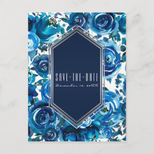Blue Indigo Floral Flowers Wedding Save the Date Aankondigingskaart
